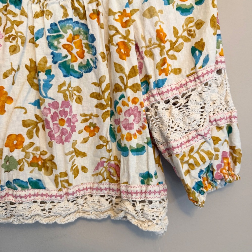 Christian Siriano New York Floral Linen Blend Crochet Lace Puff Sleeve Blouse L - Picture 5 of 5